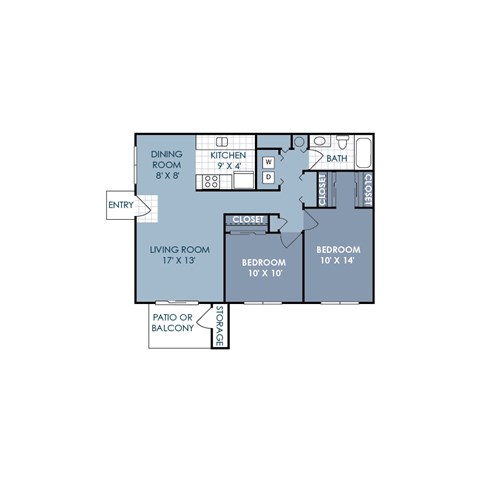 Floor plan for 2 beds, 1 bath, 936 sqft